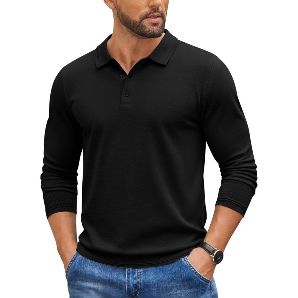 Mens Knit Polo Sweater Long Sleeve Casual Golf Polo Lightweight Dress Button Col